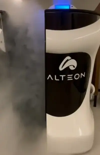 Alteon cryotherapy chamber releasing cold mist at HBOT Wellness Centre