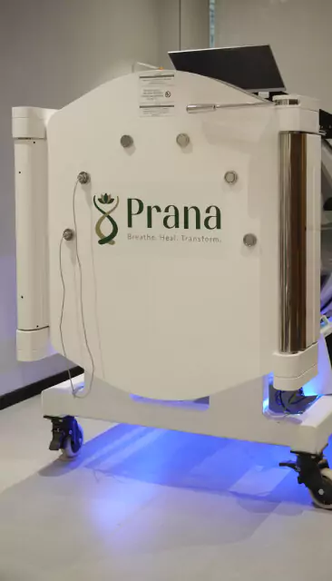 Prana Hyperbaric Oxygen Therapy chamber with blue light at HBOT Wellness Centre